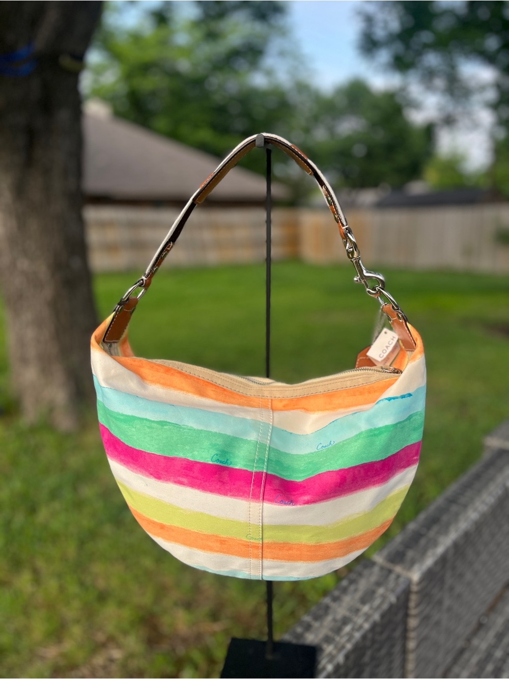 Coach Hamptons Watercolor Canvas Striped Hobo Y2K & Hangtag 10022 NWT - Picture 2 of 9